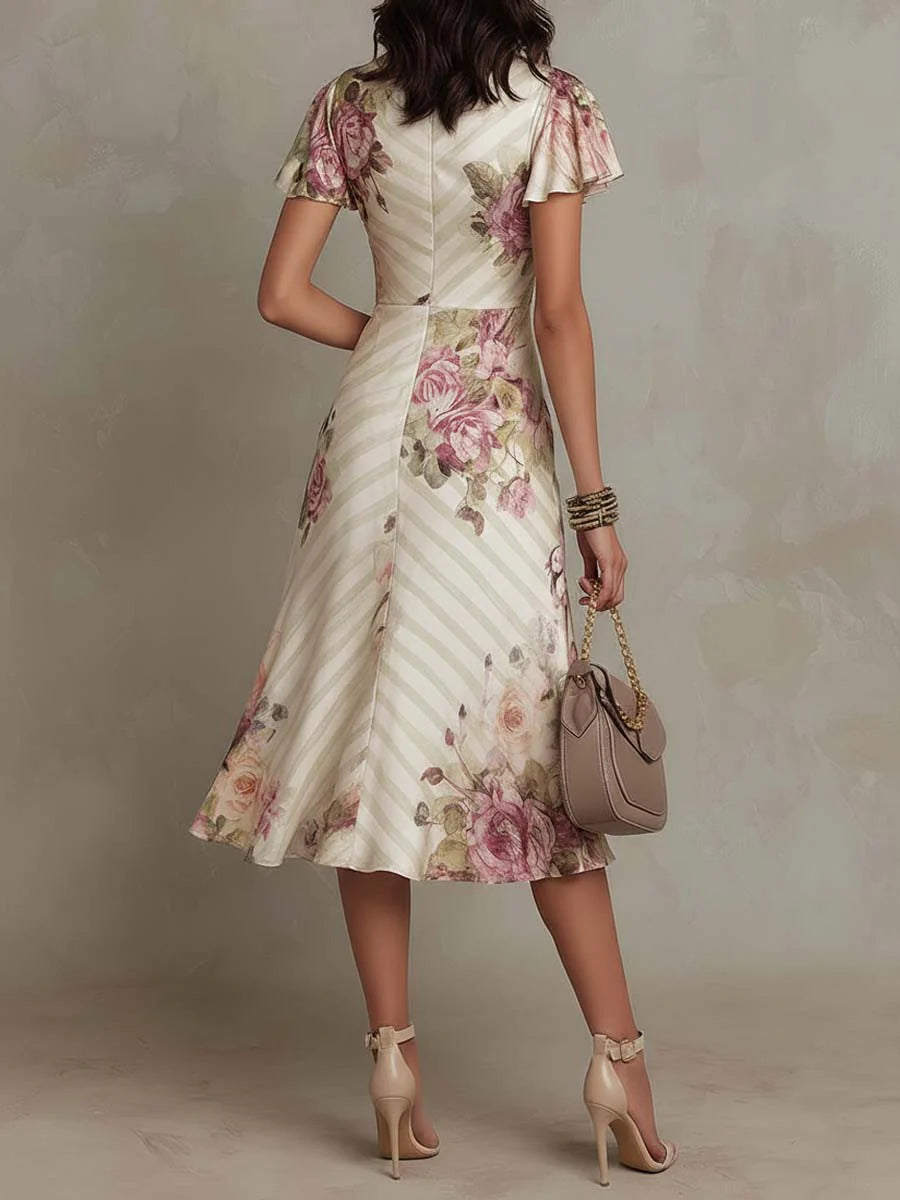 Irene | Retro Elegant Floral Satin Midi Dress