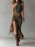 Ariadna | Printed Asymmetrical Long Dress with Slit