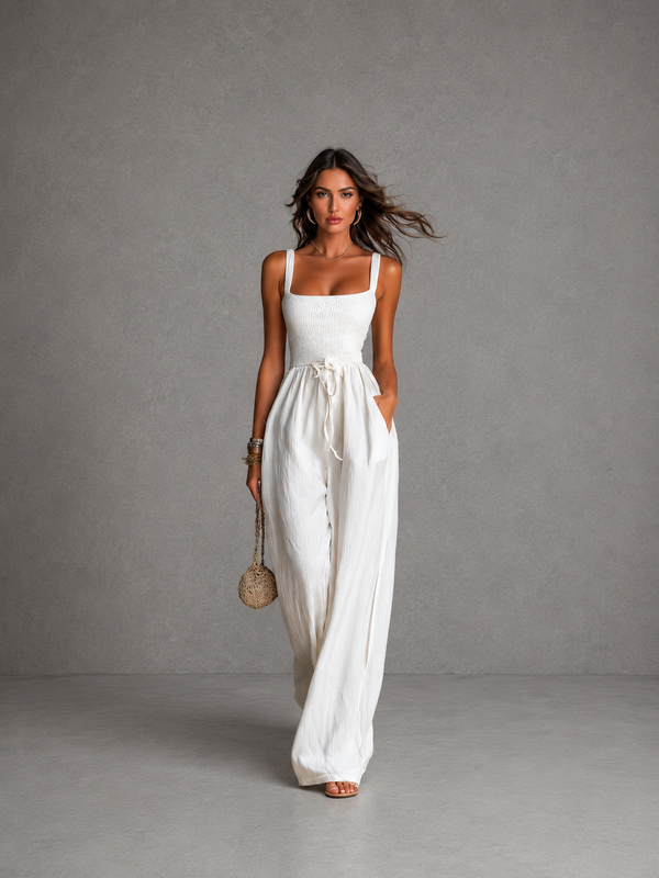 White sleeveless jumpsuit with a square neck, pleats, adjustable drawstring, and wide leg