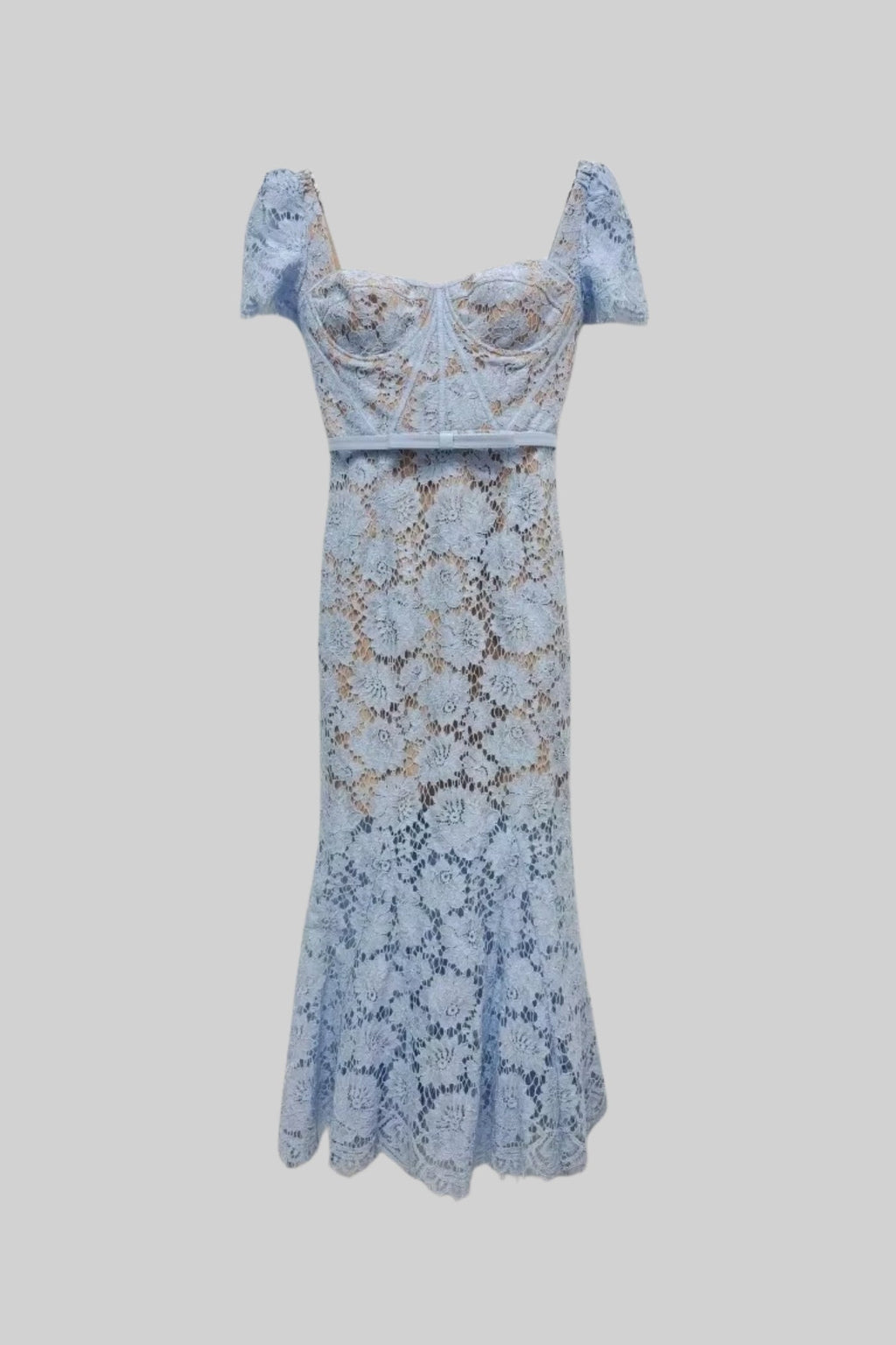 Paulina | Elegant Blue Lace Dress with Short Sleeves and Matching Belt