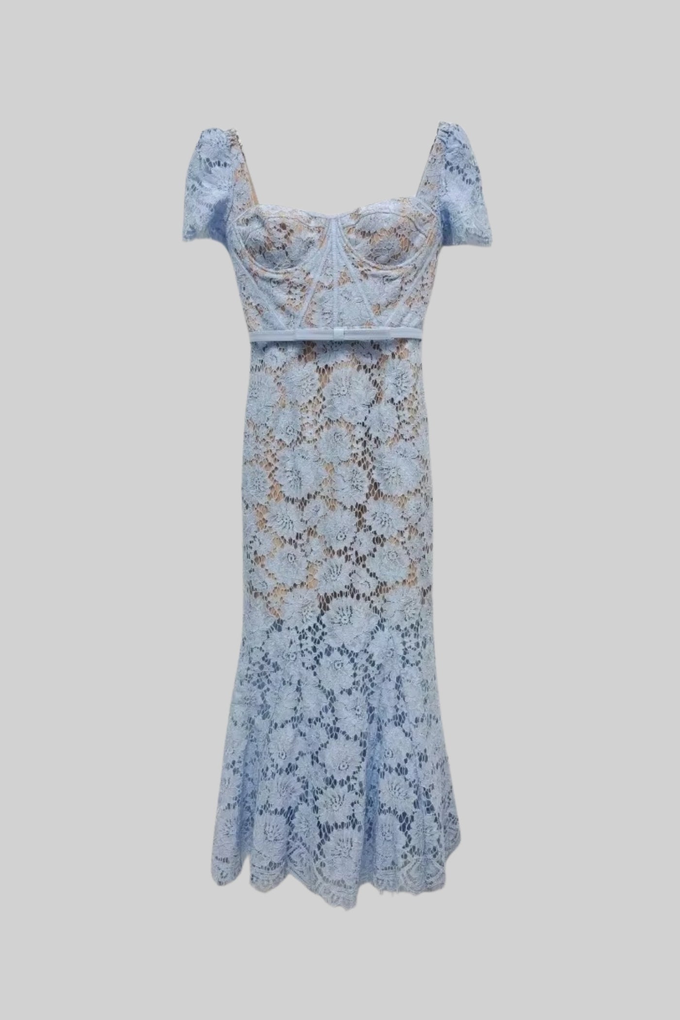 Paulina | Elegant Blue Lace Dress with Short Sleeves and Matching Belt