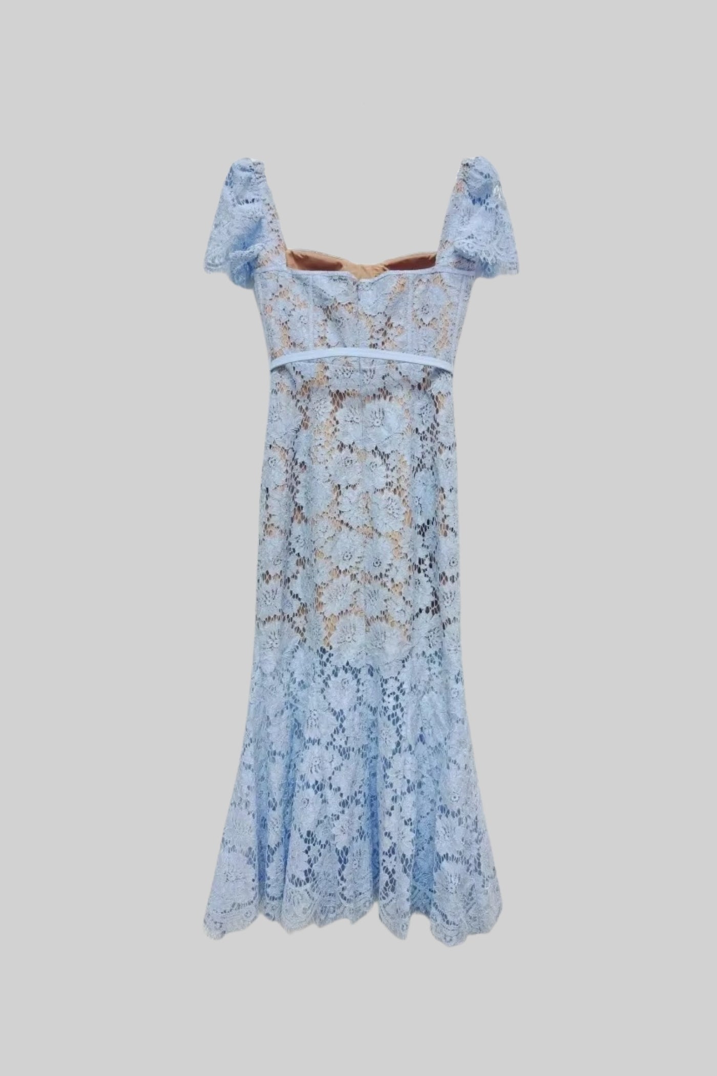 Paulina | Elegant Blue Lace Dress with Short Sleeves and Matching Belt