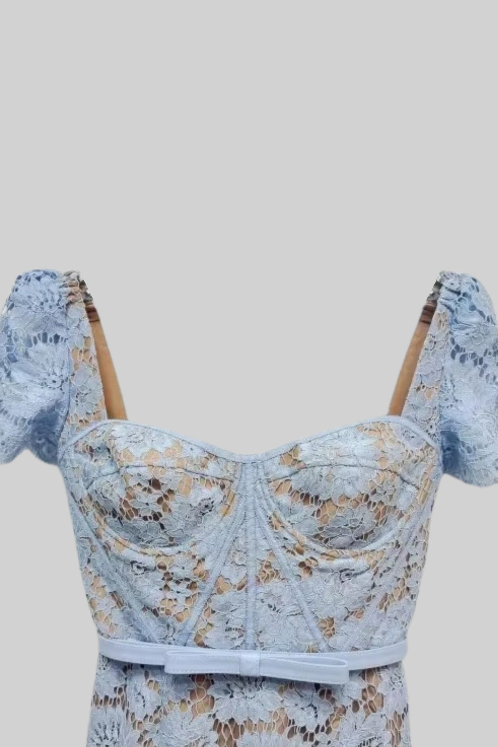 Paulina | Elegant Blue Lace Dress with Short Sleeves and Matching Belt