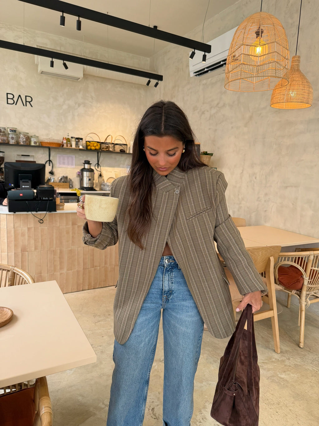 Lorenna | Asymmetric Taupe Plaid Blazer