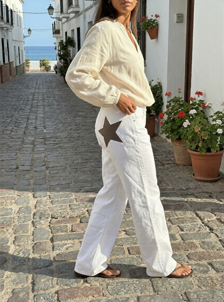 Estrella | Pantalón campana con estrellas bordadas