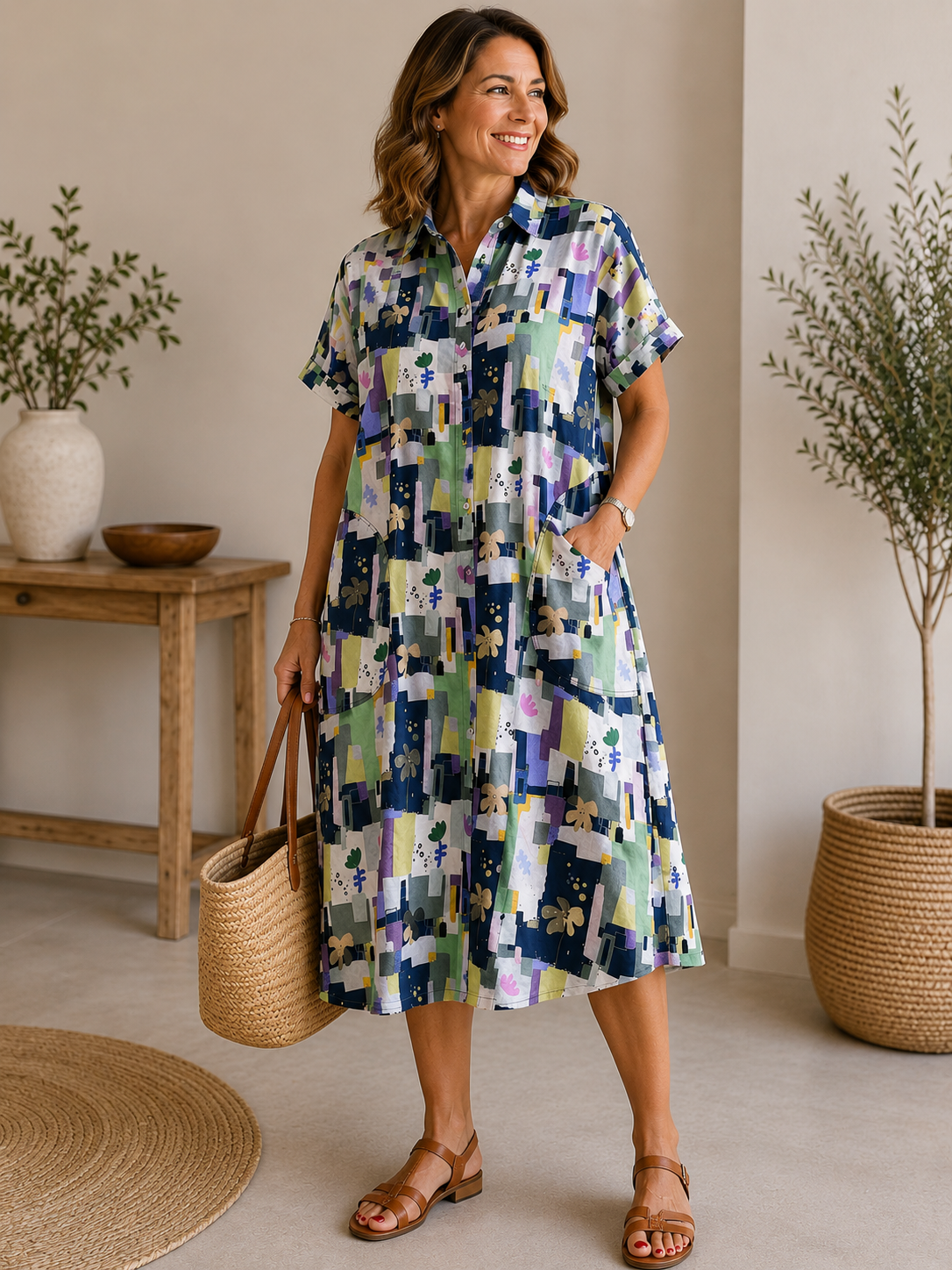 Estela | Vestido Camisero Estampado de Lino y Algodón