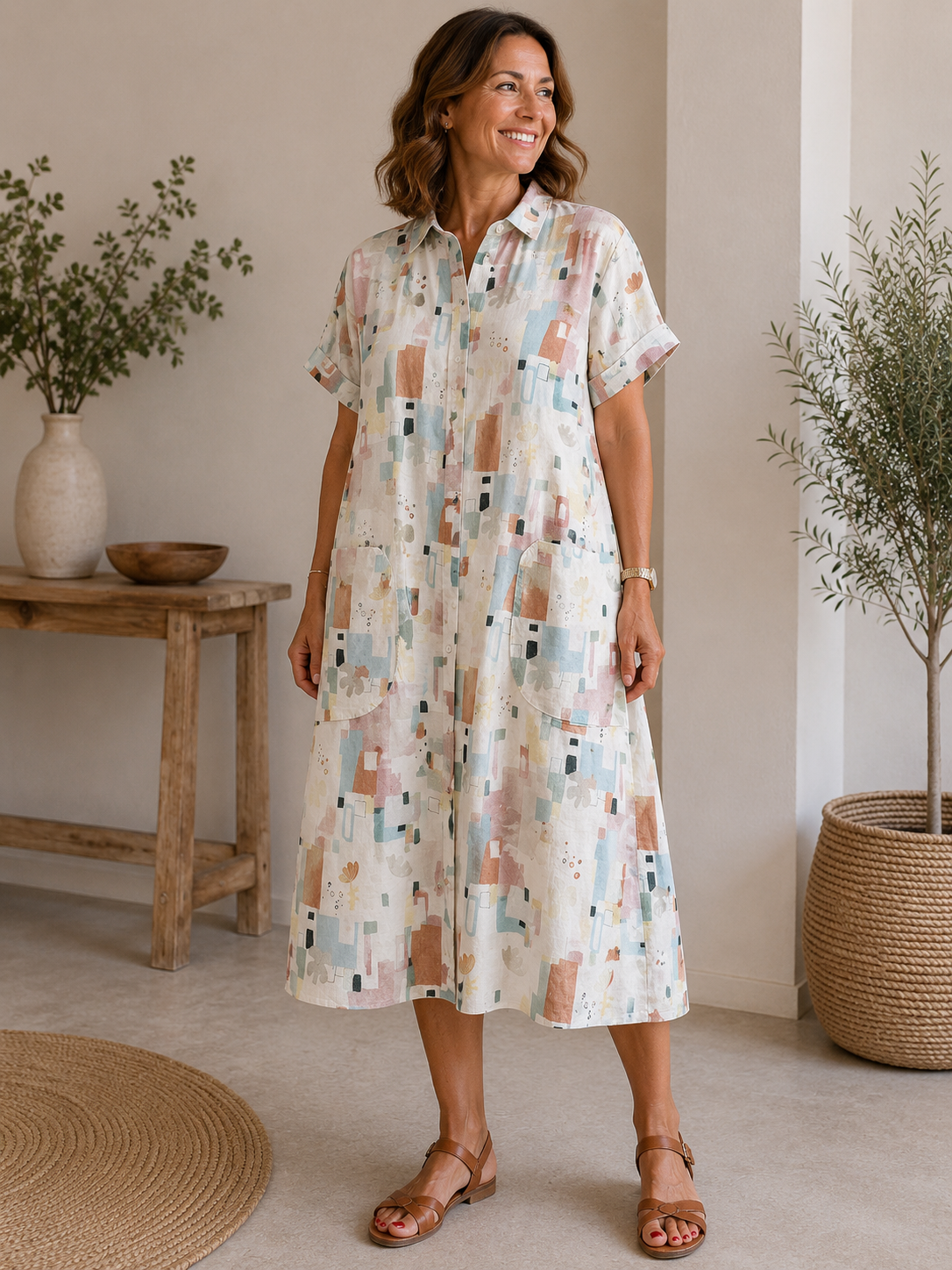 Estela | Vestido Camisero Estampado de Lino y Algodón