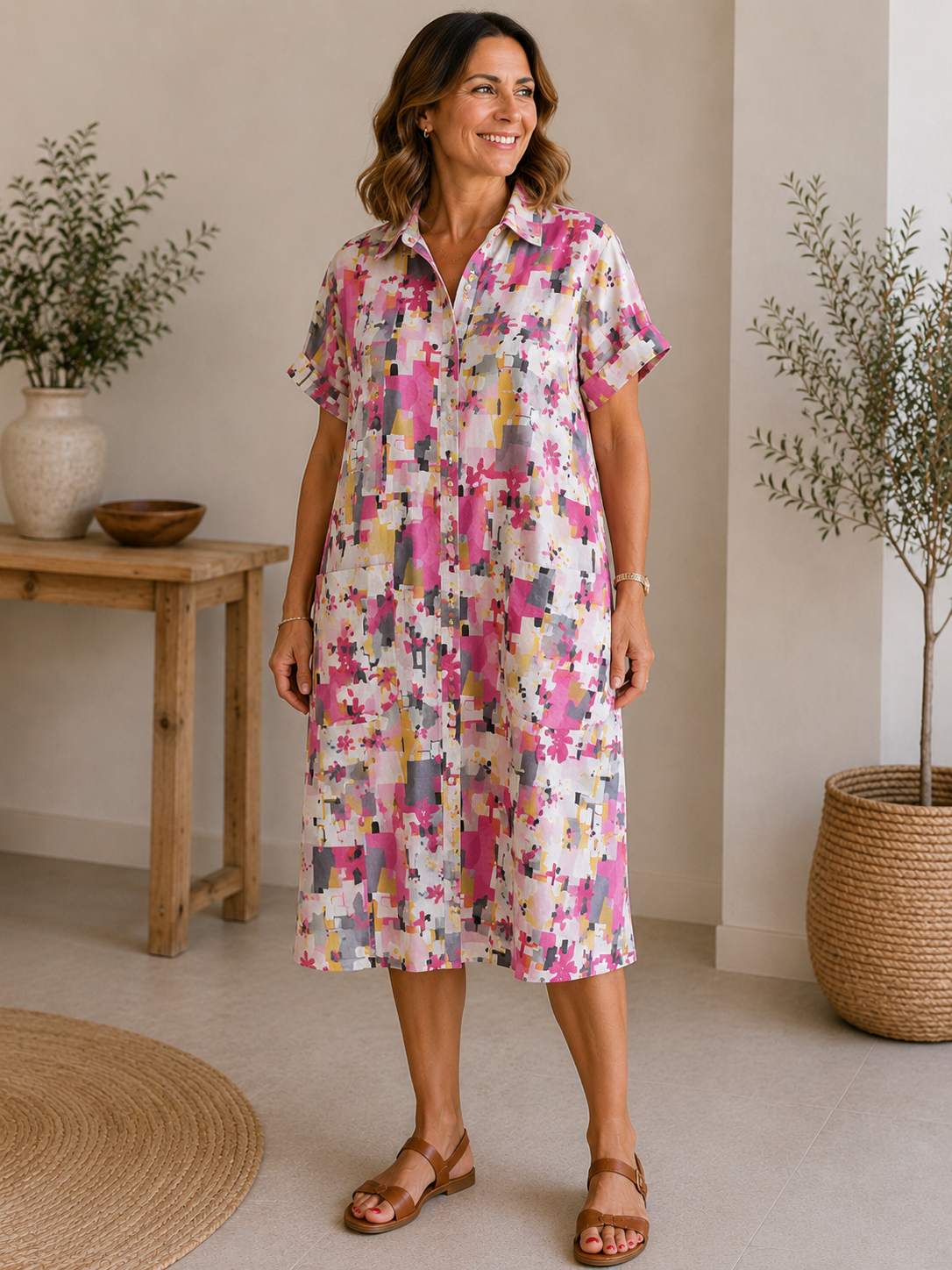 Estela | Vestido Camisero Estampado de Lino y Algodón
