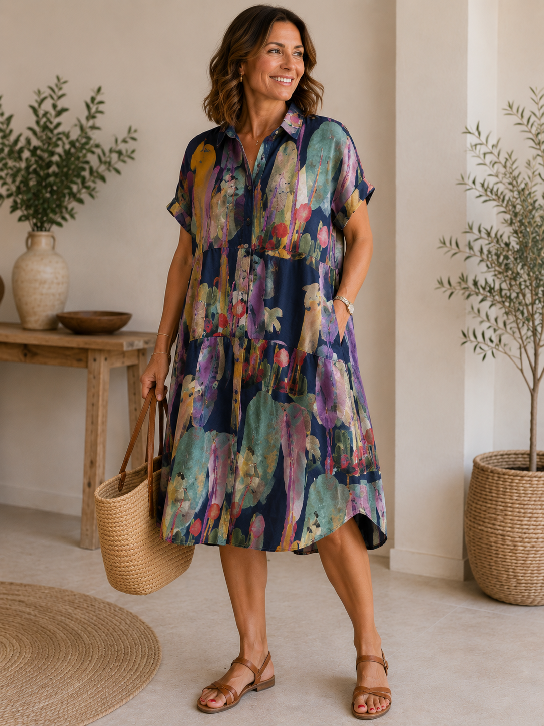 Estela | Vestido Camisero Estampado de Lino y Algodón