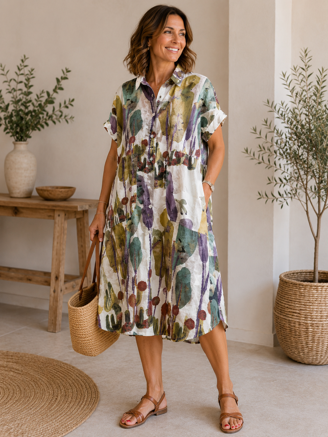 Estela | Vestido Camisero Estampado de Lino y Algodón
