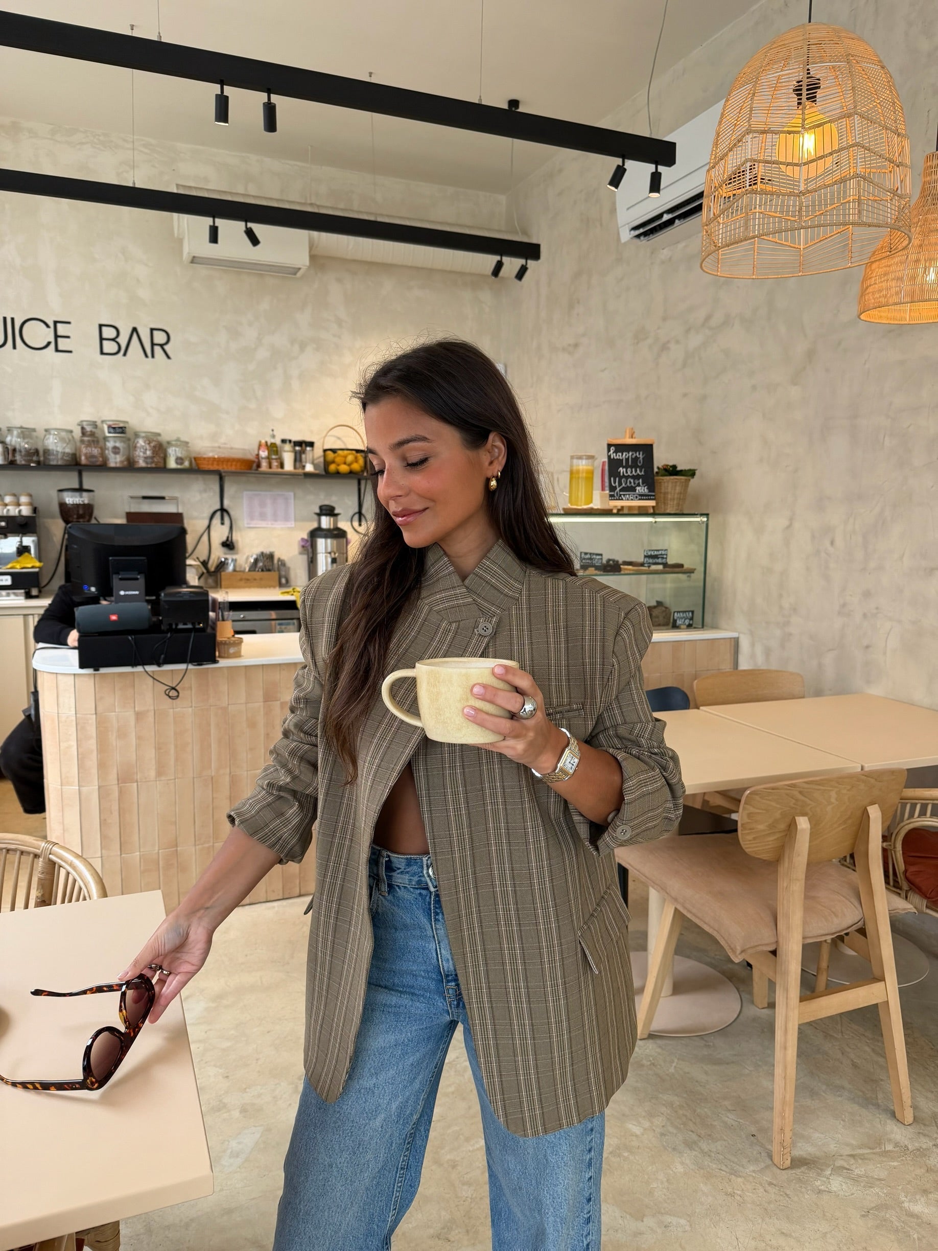 Lorenna | Asymmetric Taupe Plaid Blazer