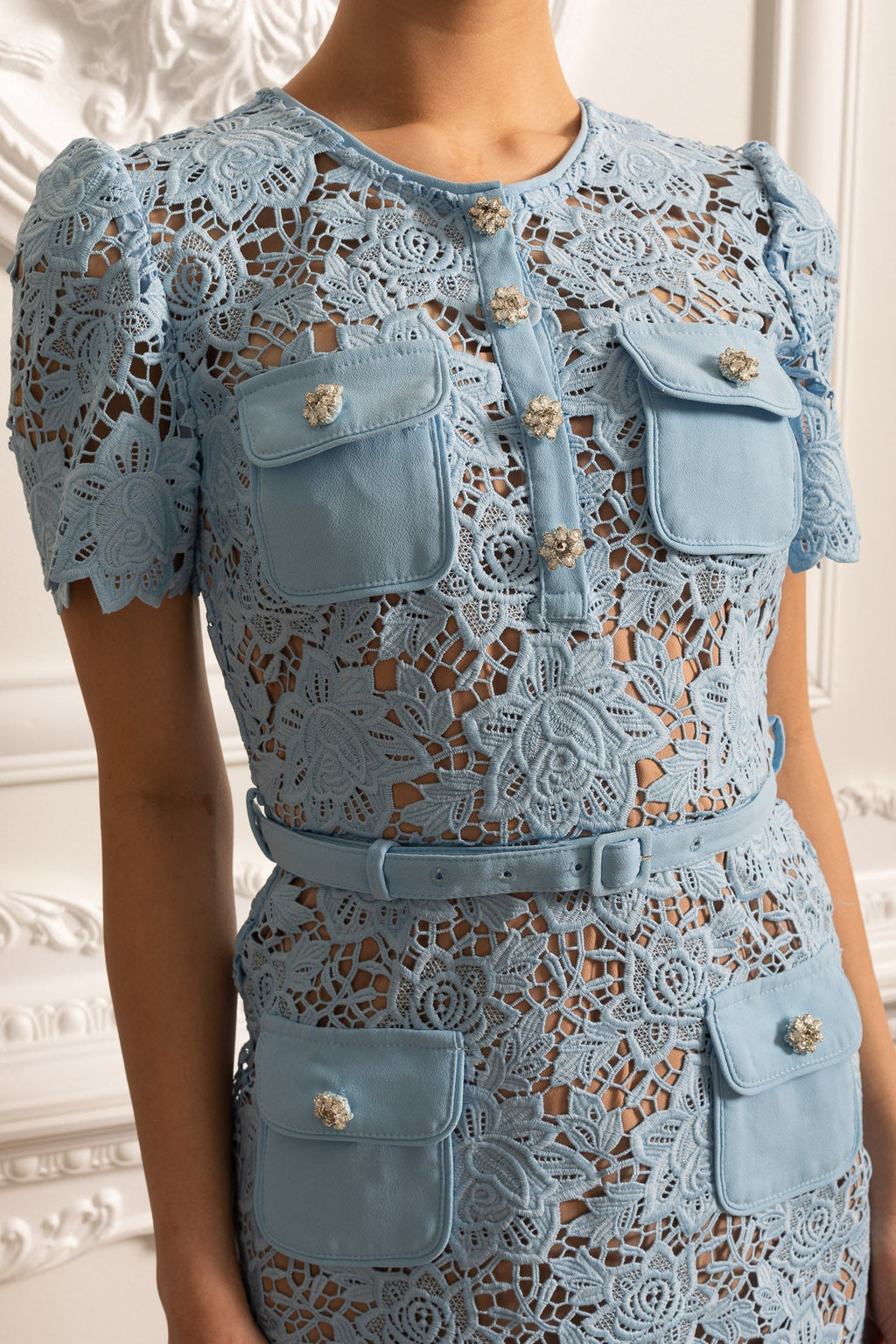 Yasmina | Blue Short Sleeve Embroidered Floral Dress