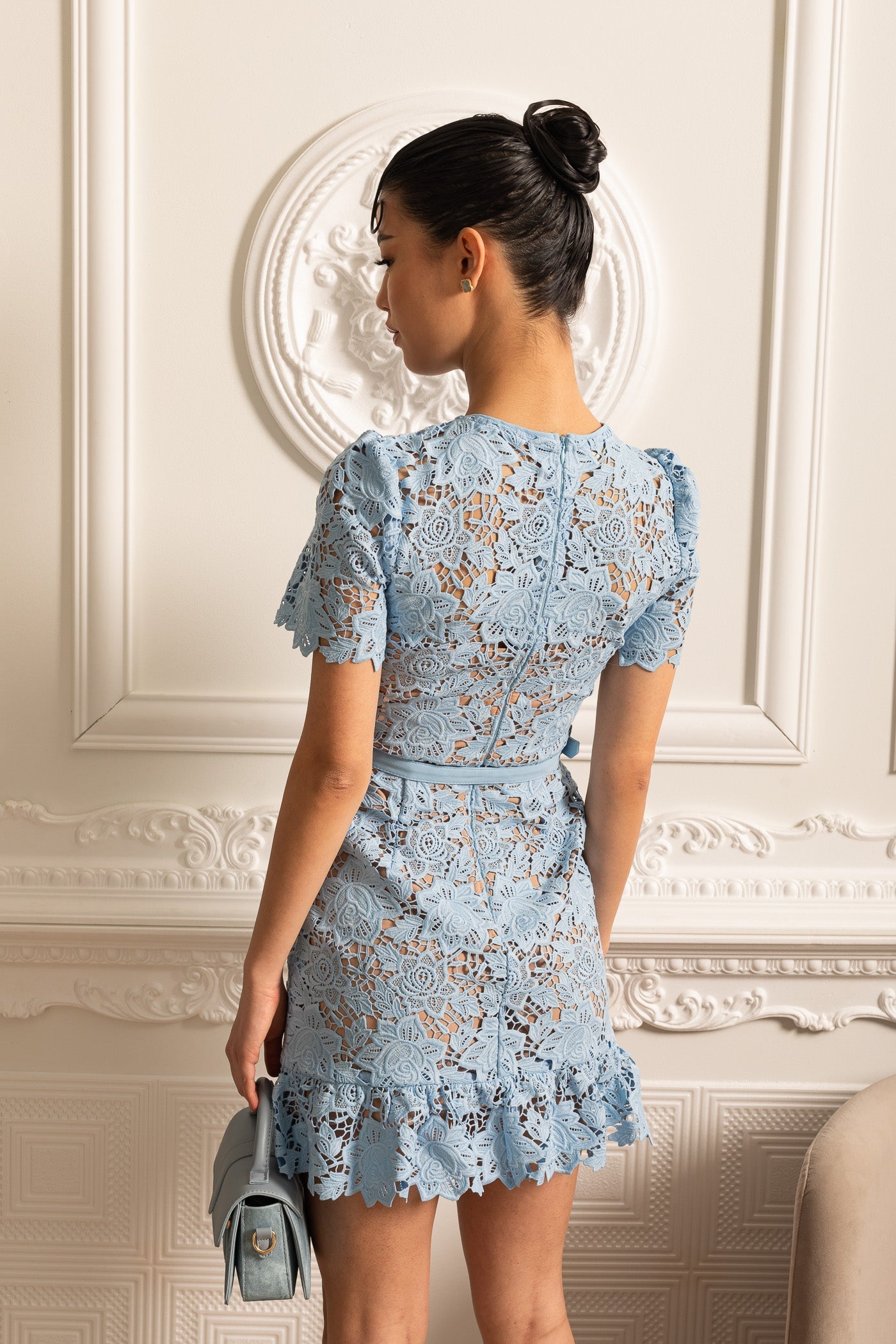 Yasmina | Blue Short Sleeve Embroidered Floral Dress