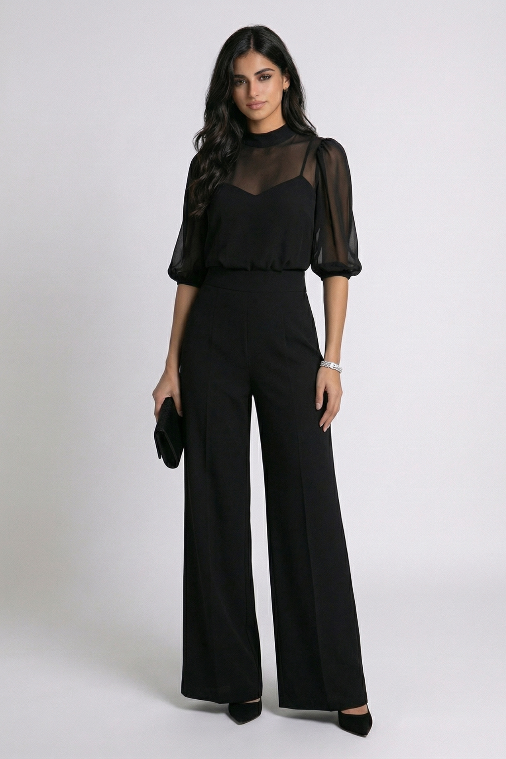 Valentina | Three-piece black outfit with sheer top and wide-leg pants