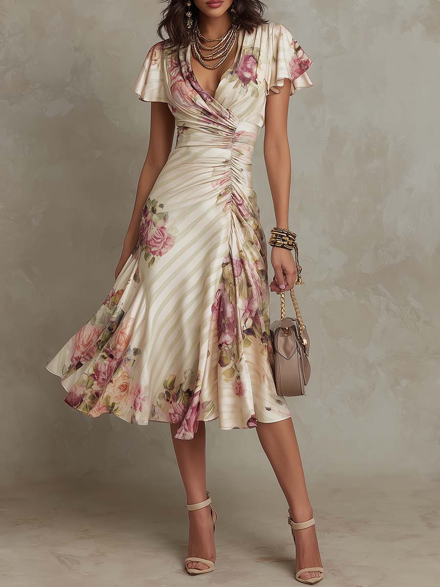 Irene | Retro Elegant Floral Satin Midi Dress
