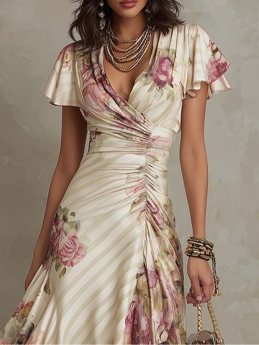 Irene | Retro Elegant Floral Satin Midi Dress