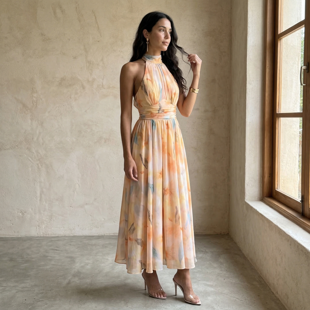 Aura | Halter-neck printed dress with adjustable waist