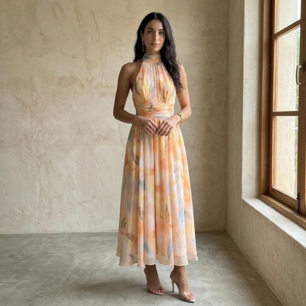 Aura | Halter-neck printed dress with adjustable waist