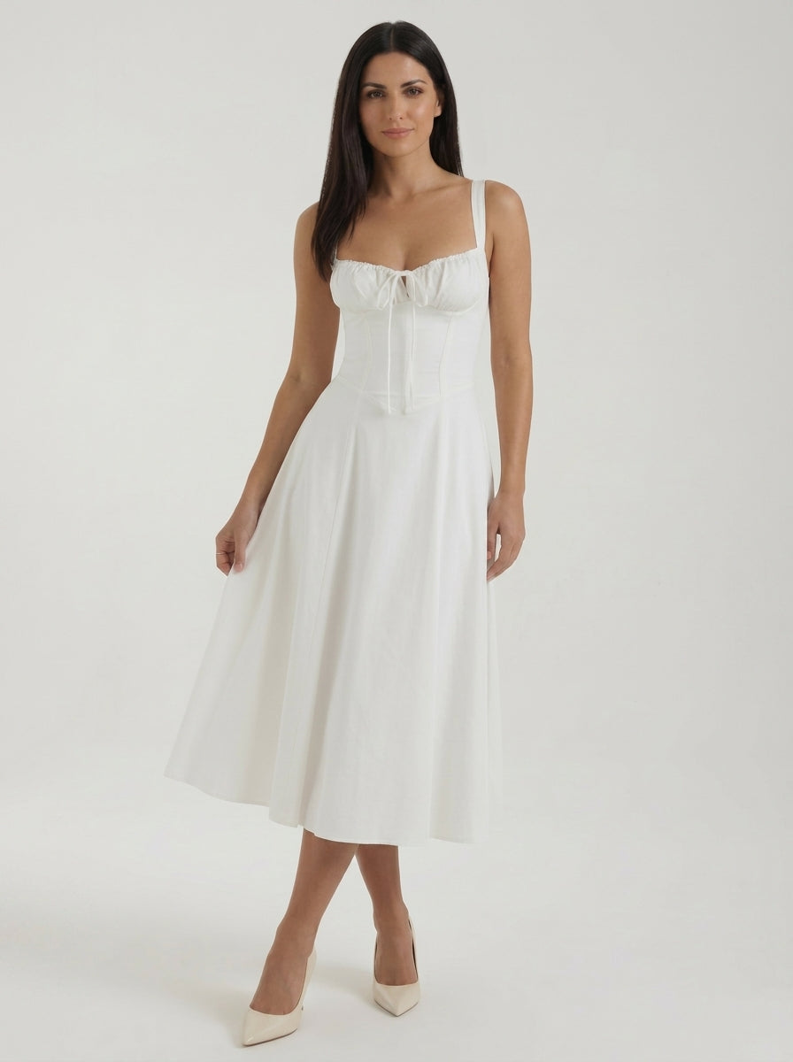 Jade-colored midi dress with laces