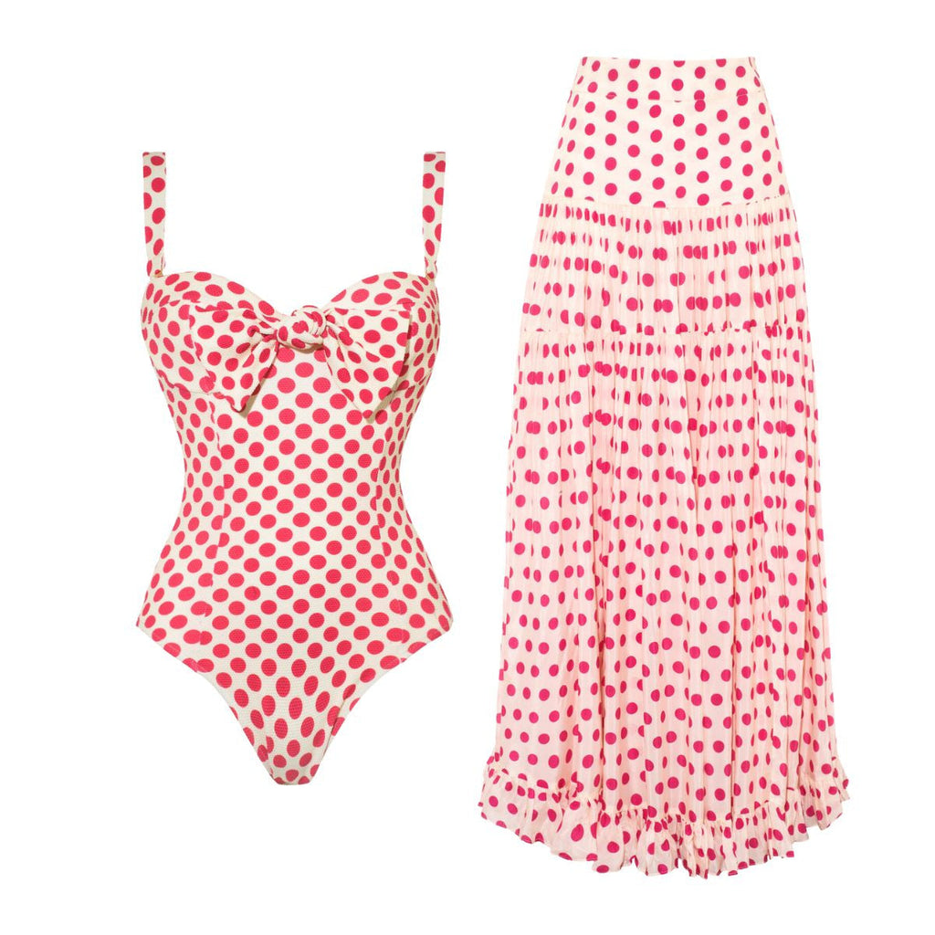 Amore Capri Heart Print Swimsuit and Maxi Skirt Set