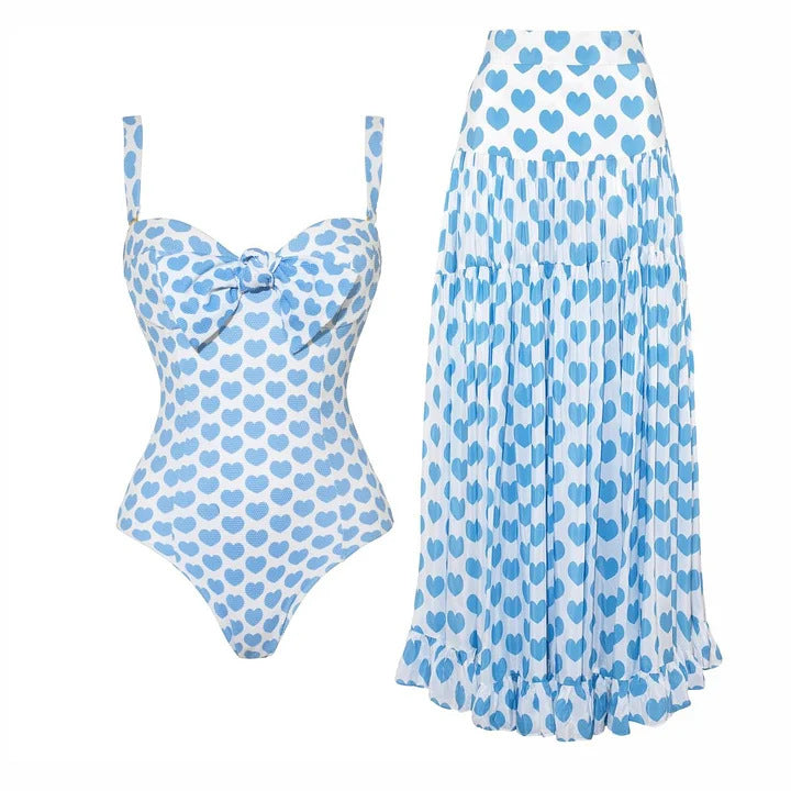 Amore Capri Heart Print Swimsuit and Maxi Skirt Set