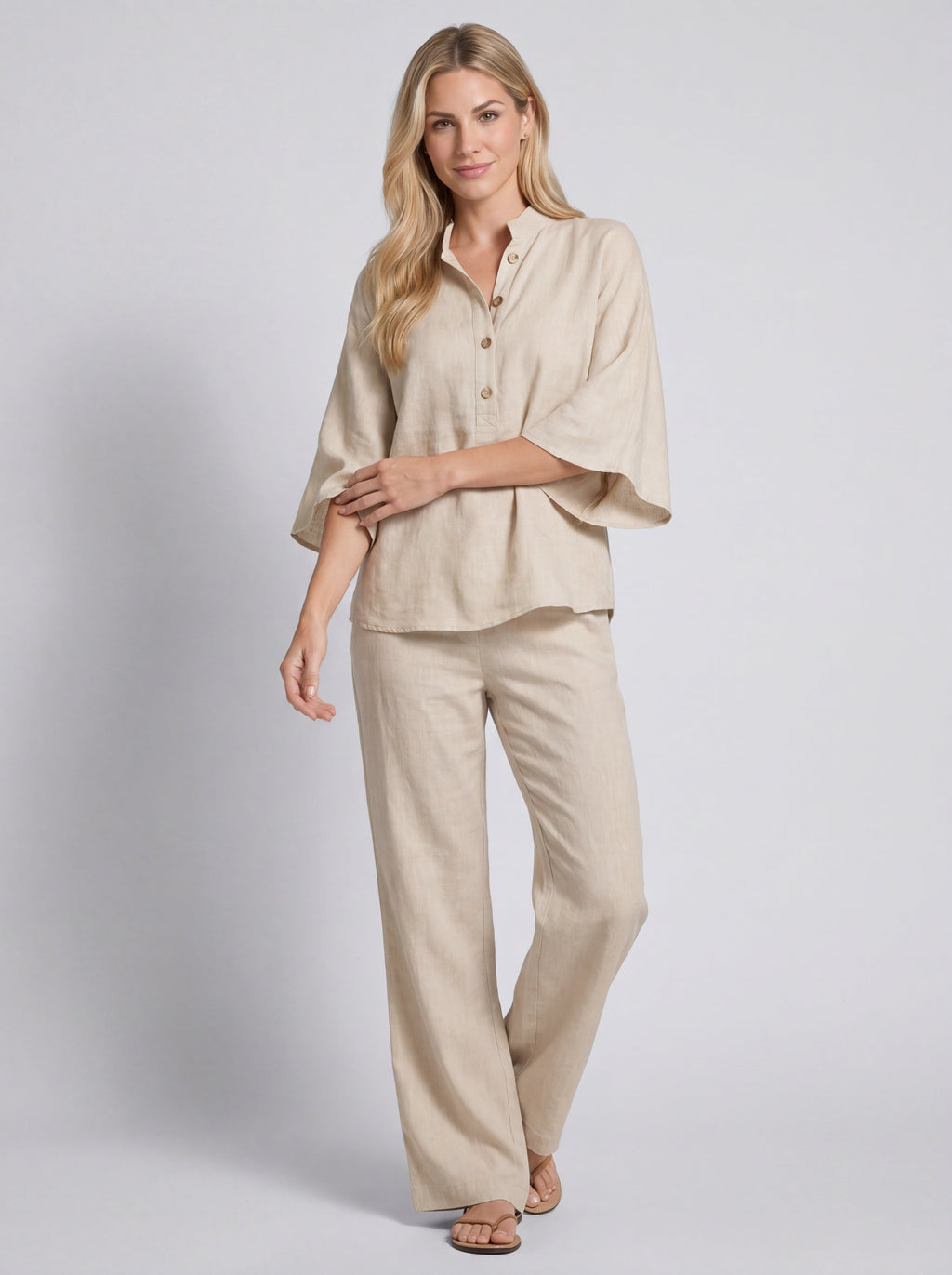 Mariel | Cotton and linen-look set with batwing sleeves and wide-leg pants