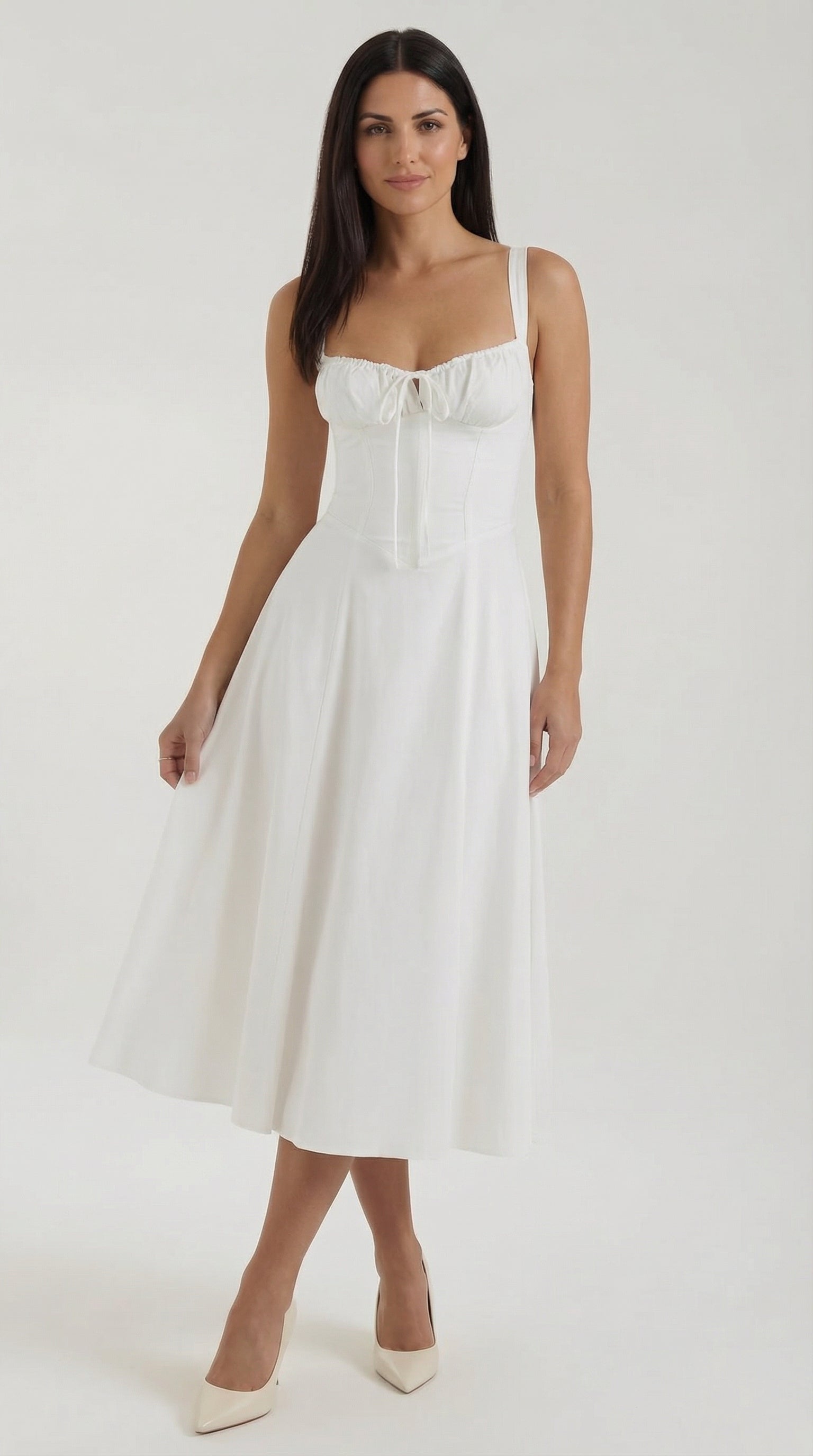 Jade-colored midi dress with laces