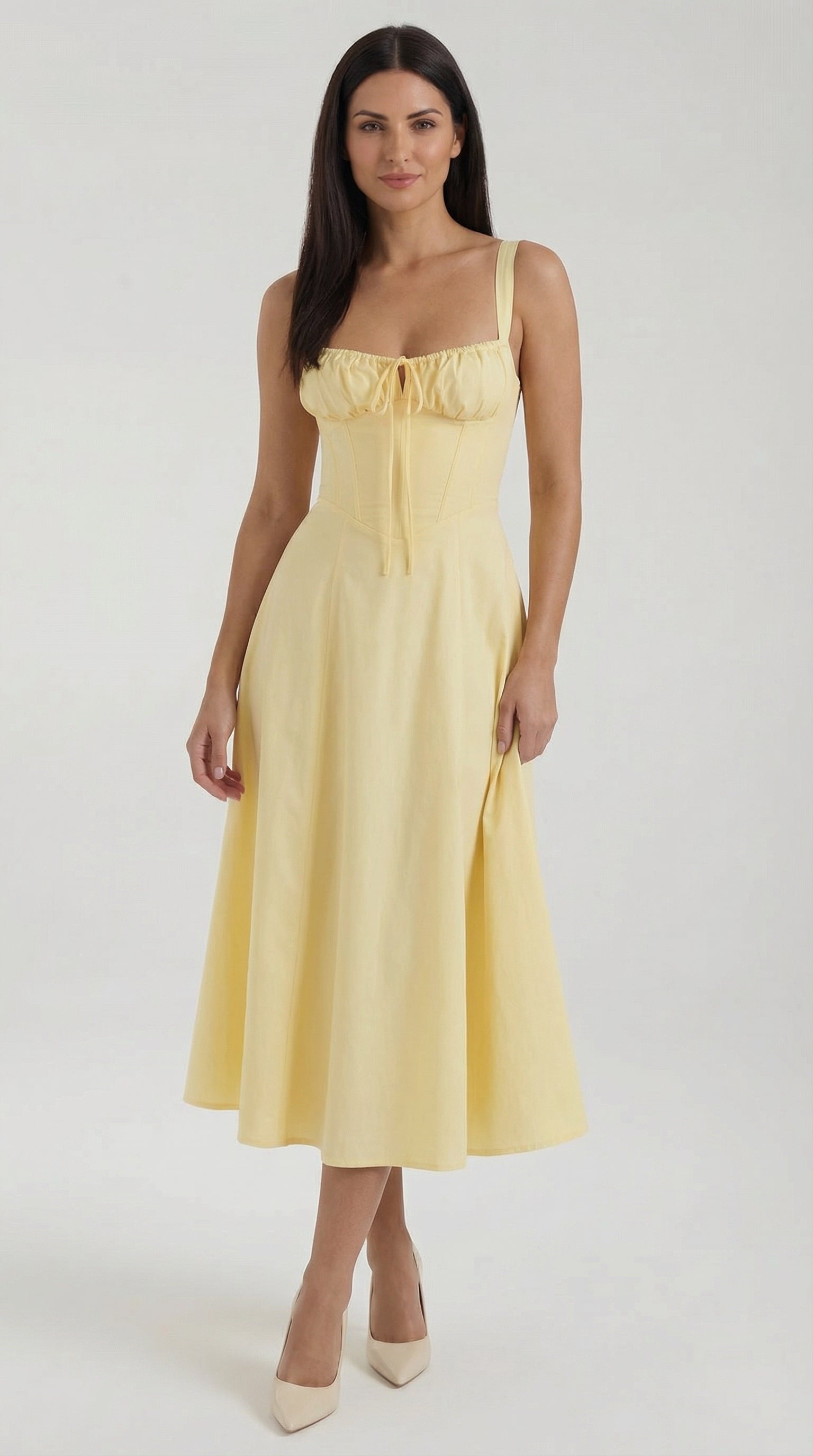 Jade-colored midi dress with laces