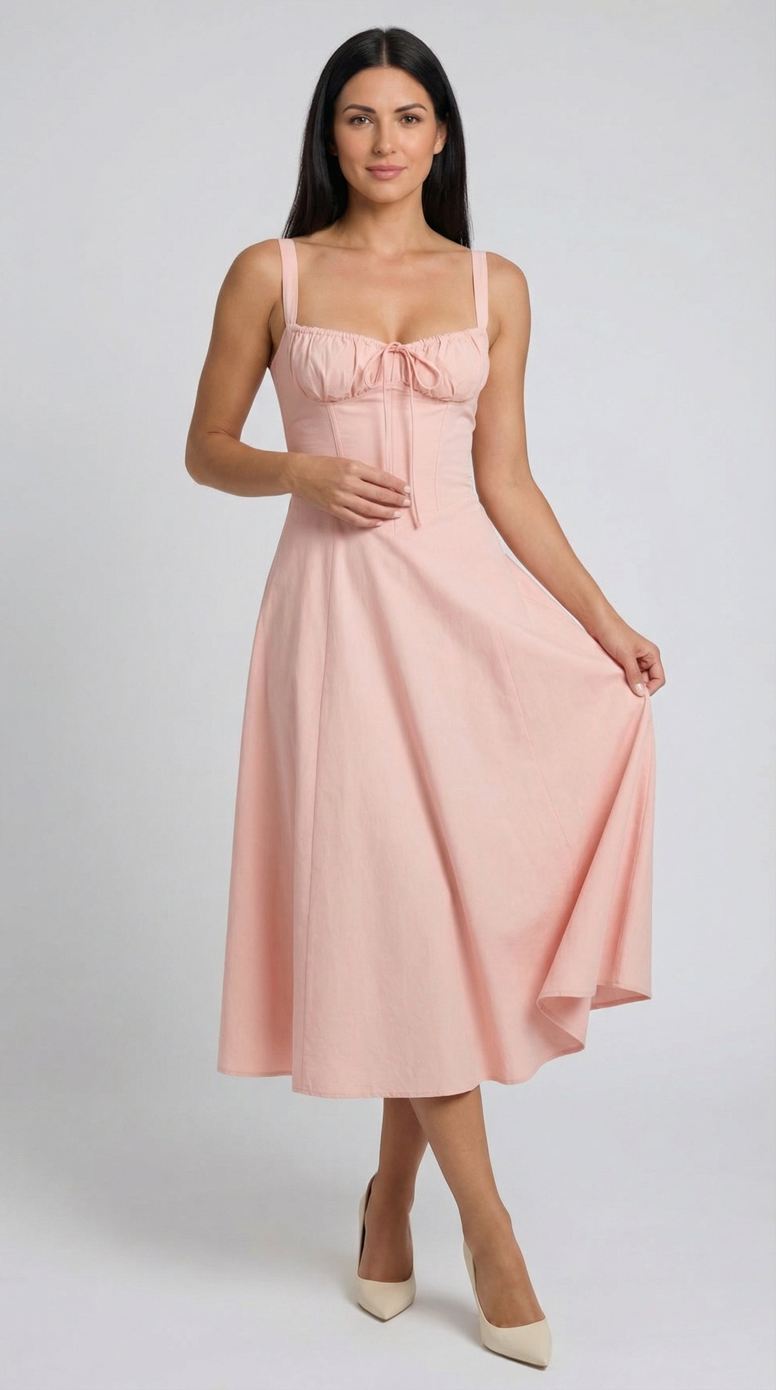 Jade-colored midi dress with laces