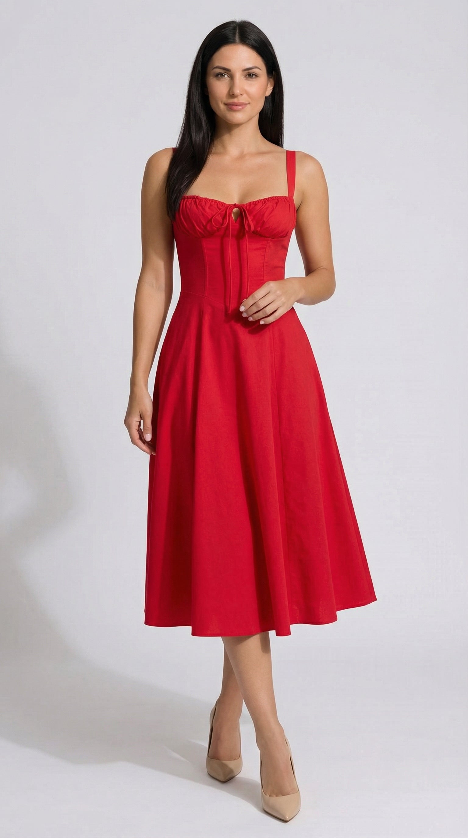 Jade-colored midi dress with laces