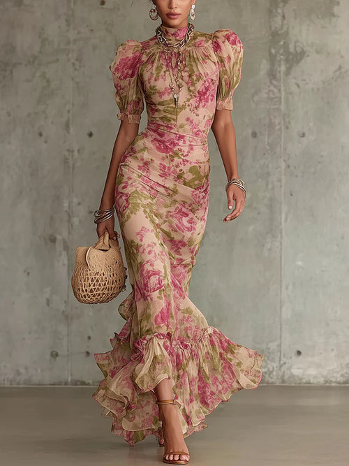 Amara | Vintage Floral Print Long Dress with Sleeves