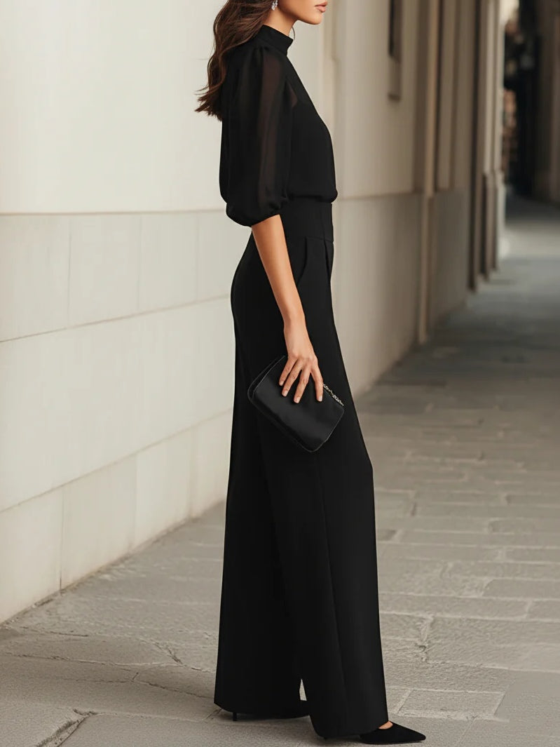 Valentina | Three-piece black outfit with sheer top and wide-leg pants