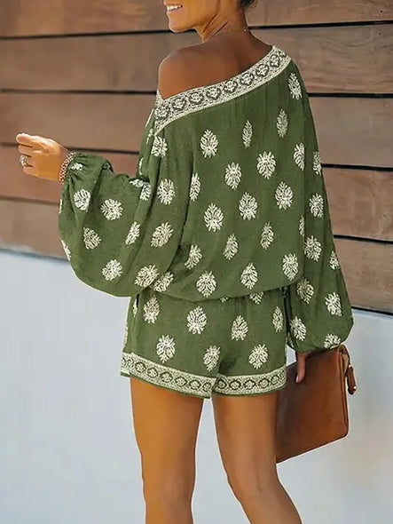 Short jumpsuit with baroque print, off-the-shoulder and flared sleeves