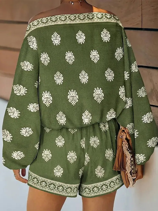 Short jumpsuit with baroque print, off-the-shoulder and flared sleeves
