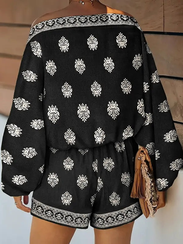 Short jumpsuit with baroque print, off-the-shoulder and flared sleeves