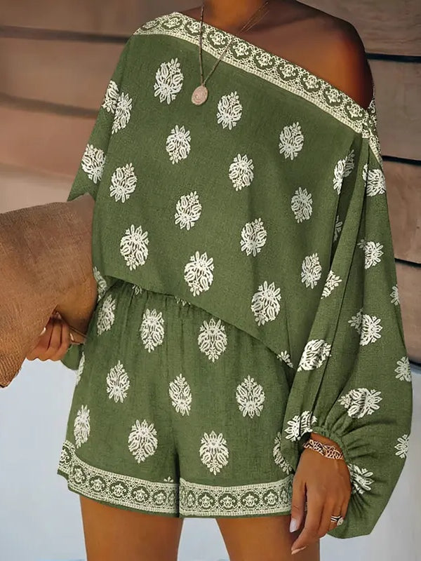 Short jumpsuit with baroque print, off-the-shoulder and flared sleeves