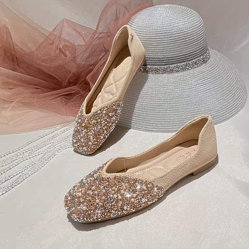 Square-Toe Flats with Sparkly Rhinestones
