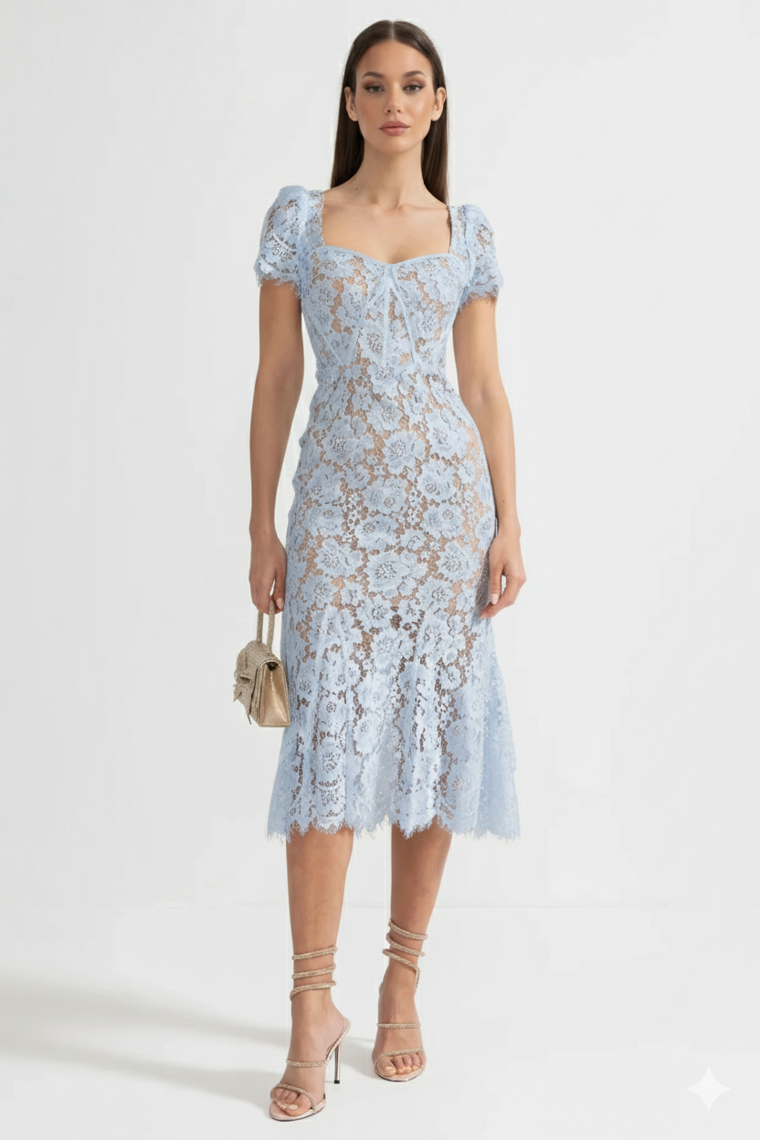 Paulina | Elegant Blue Lace Dress with Short Sleeves and Matching Belt
