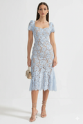 Paulina | Elegant Blue Lace Dress with Short Sleeves and Matching Belt