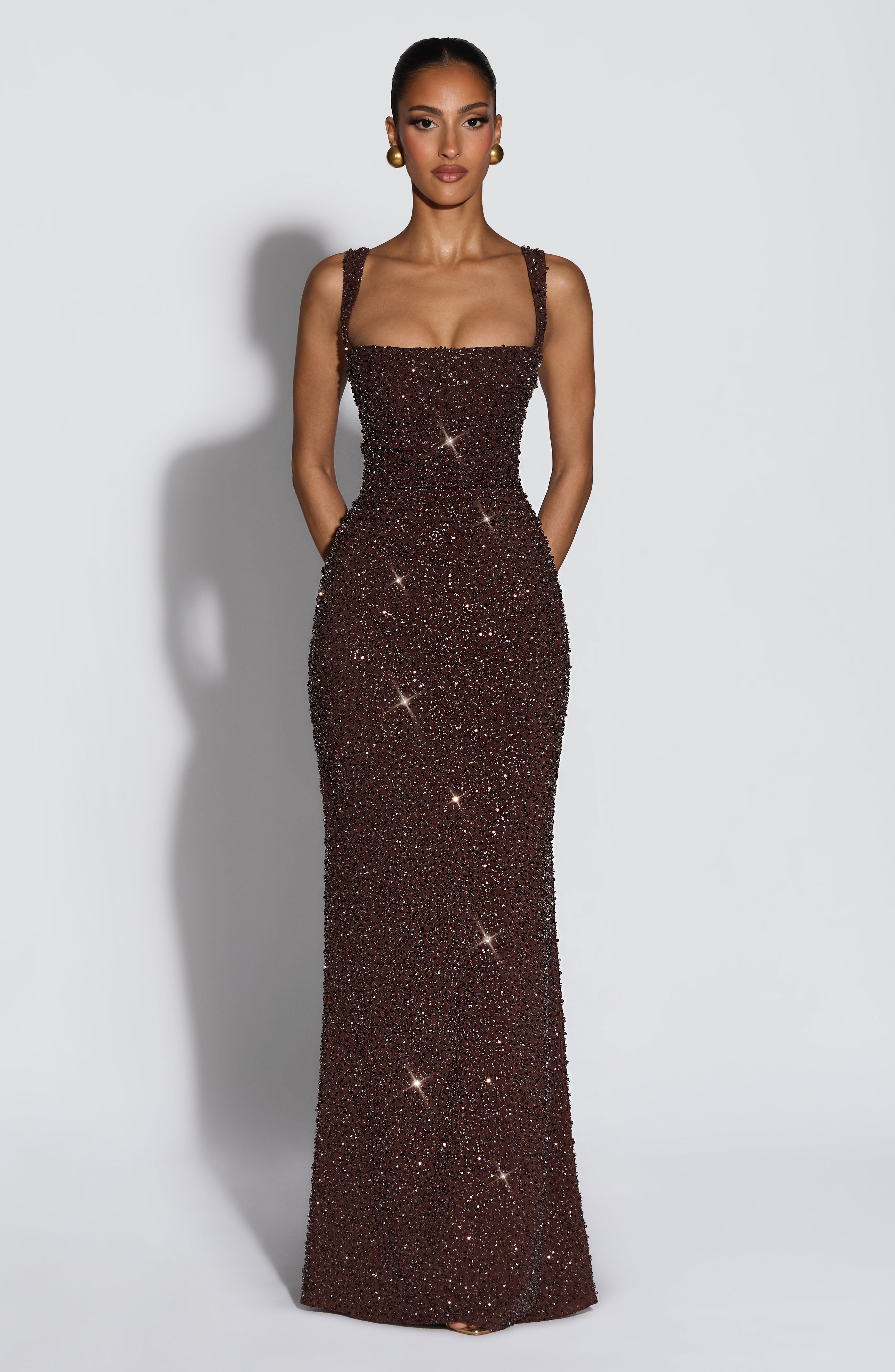 Carmina | Shiny plum brown maxi dress