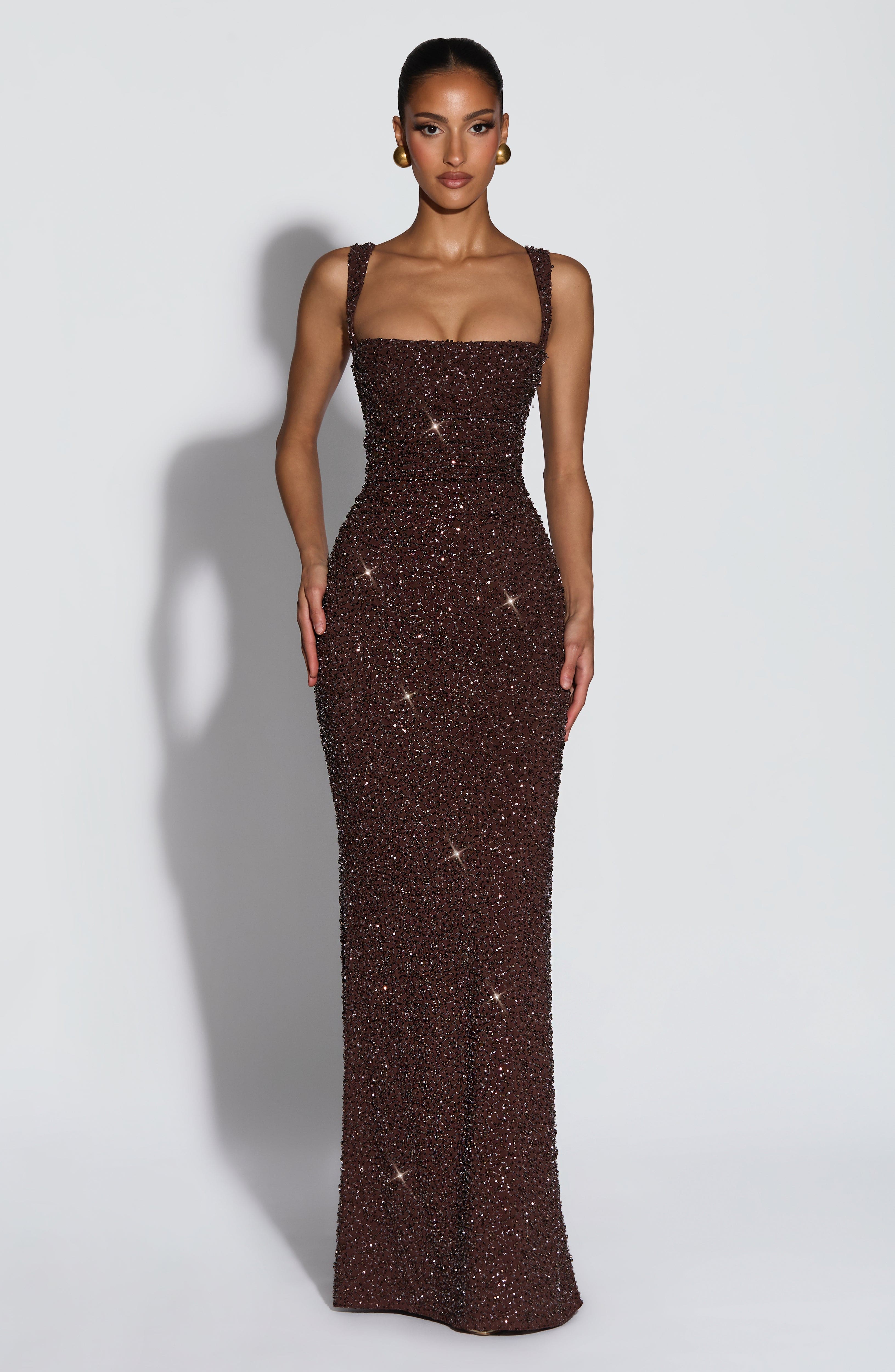 Carmina | Shiny plum brown maxi dress