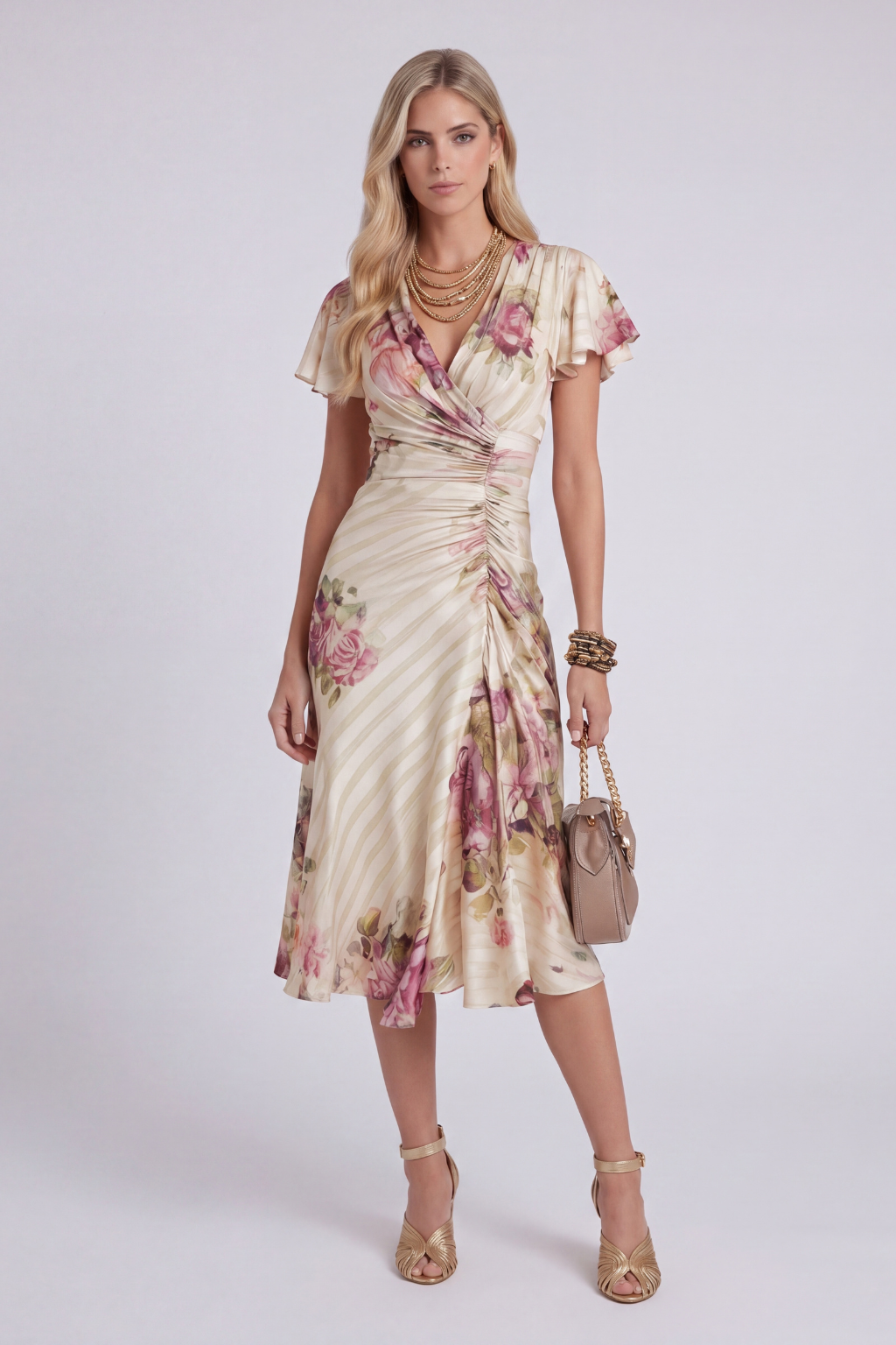 Irene | Retro Elegant Floral Satin Midi Dress