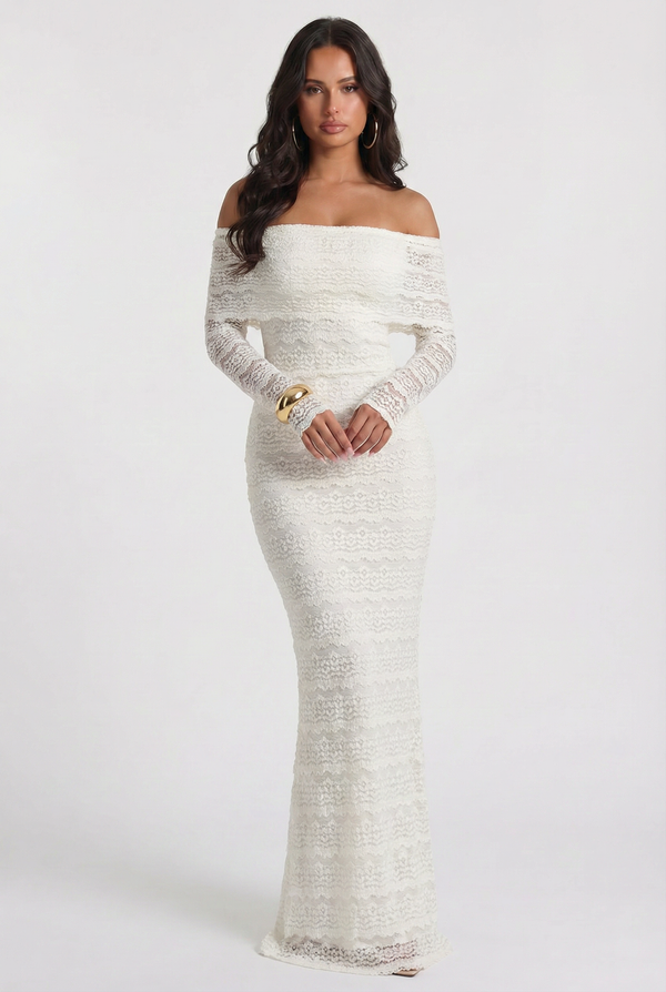 Mallorca | Vestido largo de encaje con escote bardot