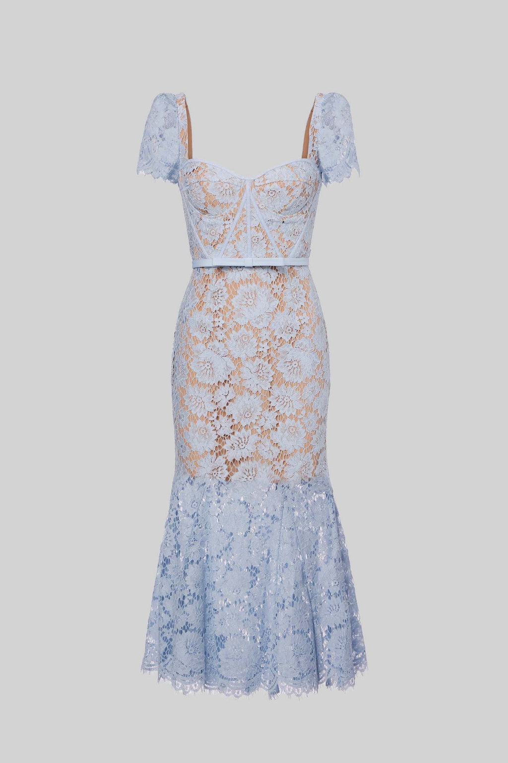 Paulina | Elegant Blue Lace Dress with Short Sleeves and Matching Belt