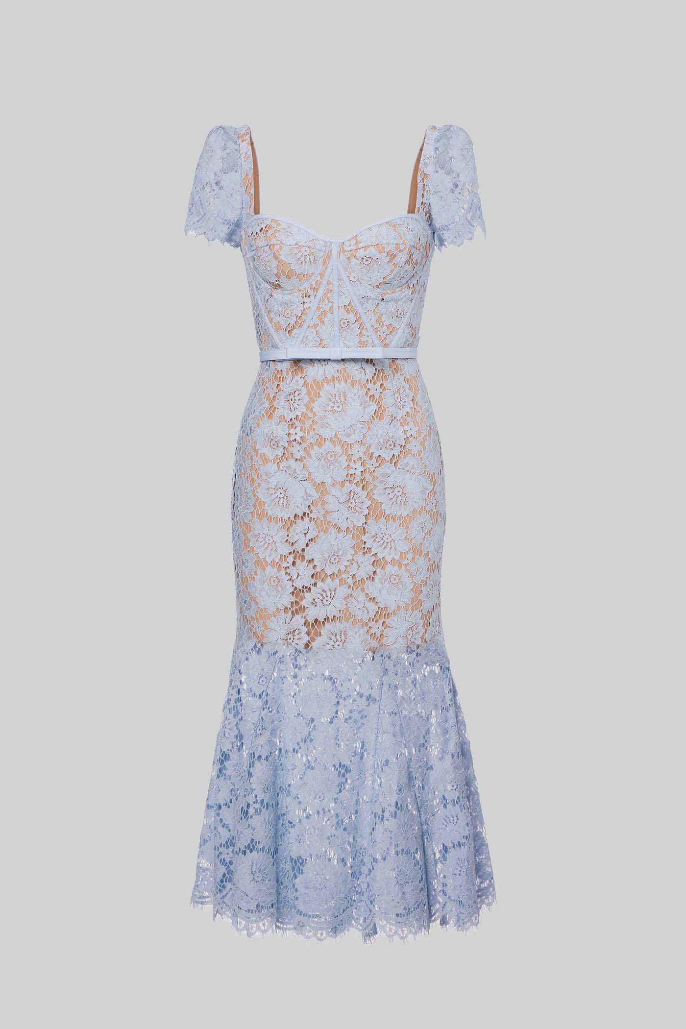 Paulina | Elegant Blue Lace Dress with Short Sleeves and Matching Belt