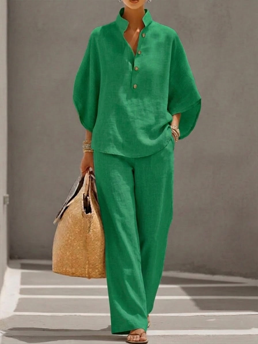 Mariel | Cotton and linen-look set with batwing sleeves and wide-leg pants