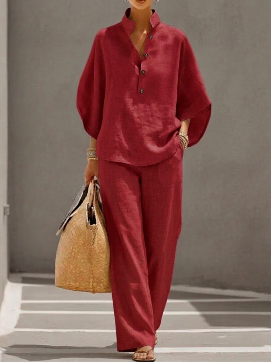 Mariel | Cotton and linen-look set with batwing sleeves and wide-leg pants