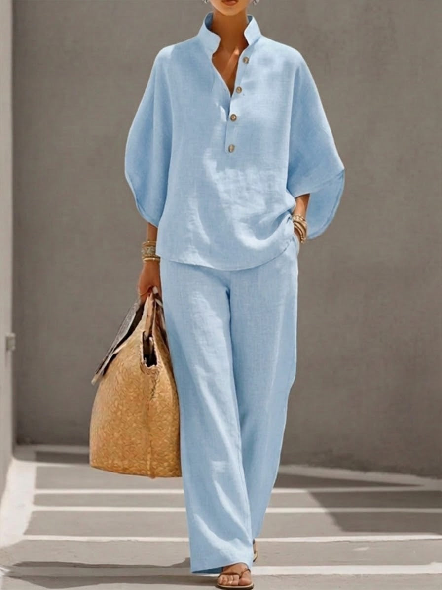 Mariel | Cotton and linen-look set with batwing sleeves and wide-leg pants