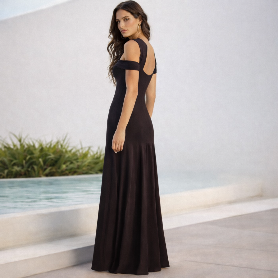 Black Oli Dress with Draped Silhouette and Off-the-Shoulder Design